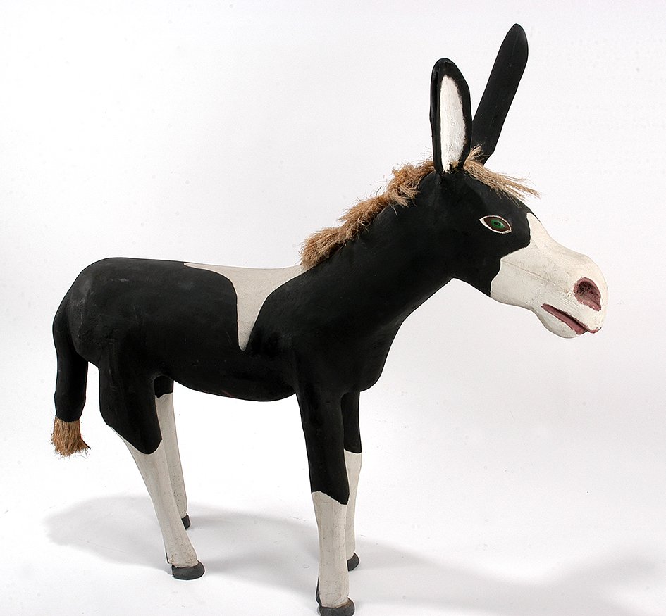 Felipe Archuleta. Donkey.: Felipe Archuleta. Donkey. 1981. Initialed and dated. Carved and painted wood with rope. Repair to one ear, otherwise great condition. 48" long x 47" h x 10". Est. $2,000-3,000. Buyer is responsible fo