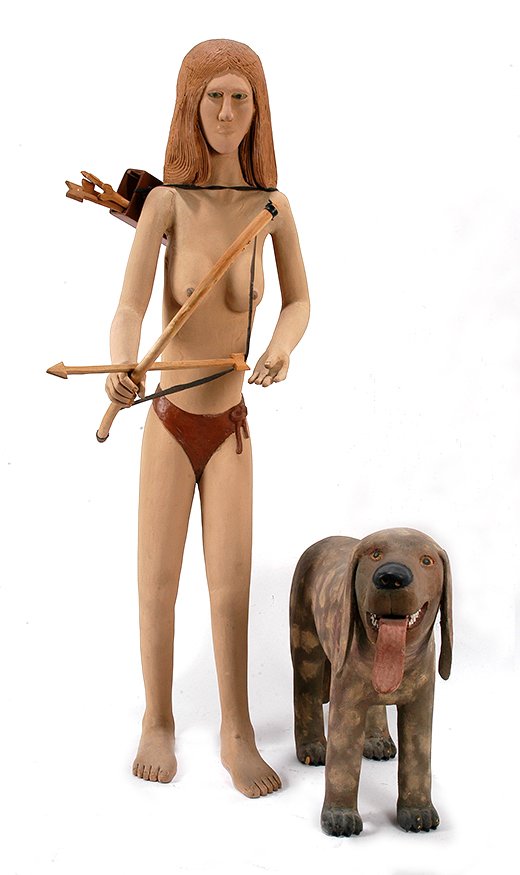 Pucho Odio. Diana & Her Hound Dog.: Saturnino Portuondo (Pucho) Odio (Cuban, born 1928). Diana And Her Hound Dog.Each piece is signed. Carved and painted wood. Separation at arms and repair to dog's ears, otherwise great condition. Woma