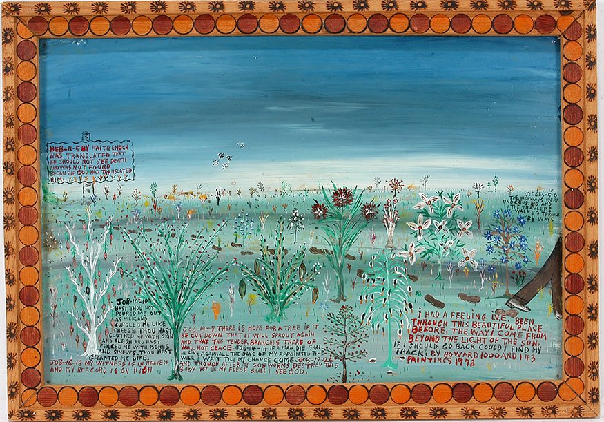 Howard Finster. The Highways Were Unoccupied.: Howard Finster. The Highways Were Unoccupied And The Travelers Walked Through By Ways. 1978. #1,143. Signed, dated, titled and dated. Tractor enamel on tin backed to board with artist made frame. Exce