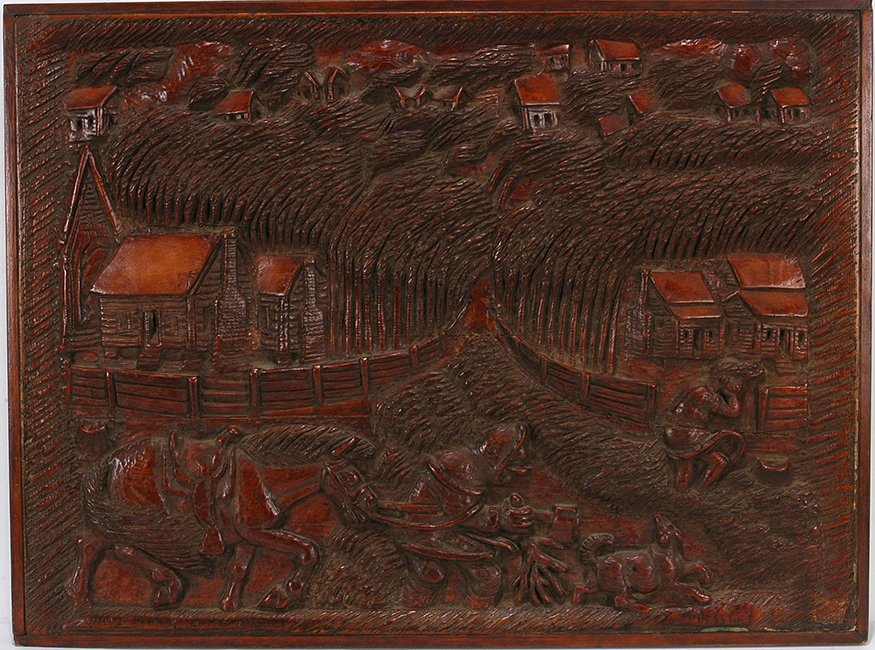 Daniel Pressley. Wind Storm In the Valley.: Daniel Pressley. Wind Storm In the Valley. Signed and titled. Carved wood-relief plaque with varnish. Three natural wood splits, all minor, otherwise great condition. 32w x 24". Est. $2,000-3,000. Shi