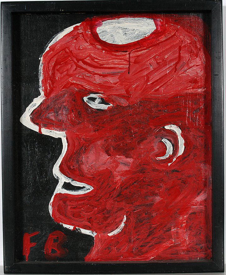 Freddie Brice. Hole In The Head.: Freddie Brice. Hole In The Head. 1987. Initialed. Oil on canvas panel. Excellent condition. Size with frame is 17" w x 21" . Illustrated in American Self-Taught by Frank Maresca and Roger Ricco, pg. 2