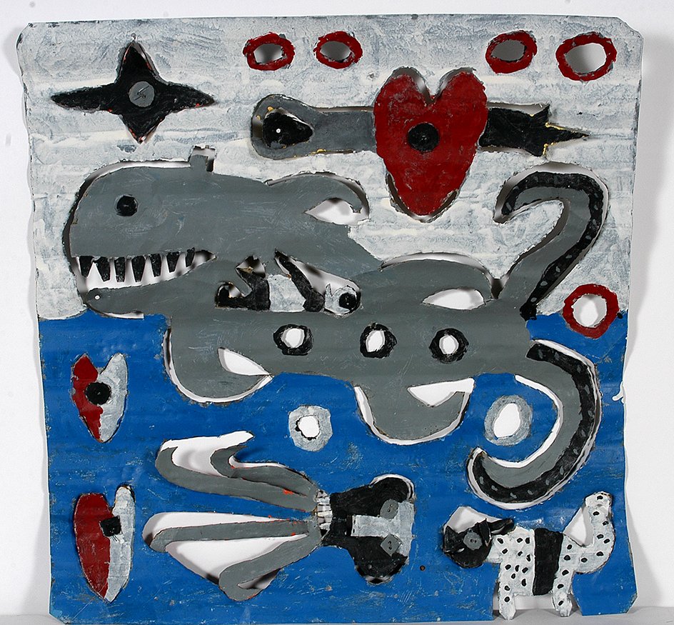 David Butler. Jonah & The Whale Window Screen.: David Butler. Jonah And The Whale Window Screen. Not signed. Cut out tin and paint. Excellent condition. Many intricate figures. A David Butler Masterpiece. Decorated on both sides. 28" x 28". Est. $2