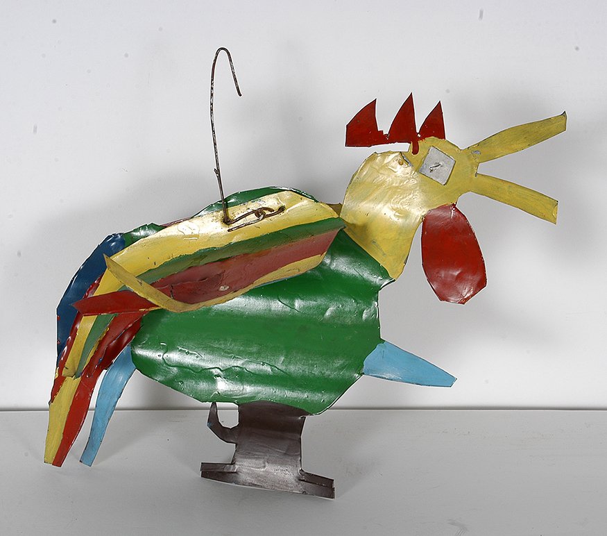 David Butler. Colorful Rooster.: David Butler. Colorful Rooster. Not signed. Cut out tin with paint on both sides. Excellent condition. 17" x 11" x 9". Est. $300-500. Ship: $45