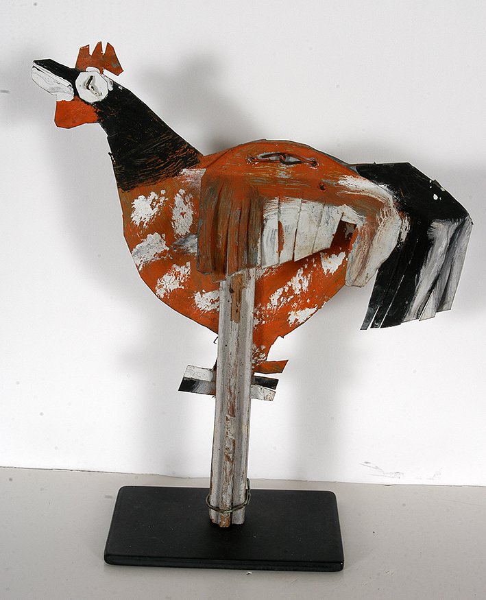 David Butler. Yard Hen.: David Butler. Yard Hen. Not signed. Cut out tin, paint and wooden stand. Decorated on both sides. Excellent condition. 11" x 10x 4". Est. $300-500. Ship: $45