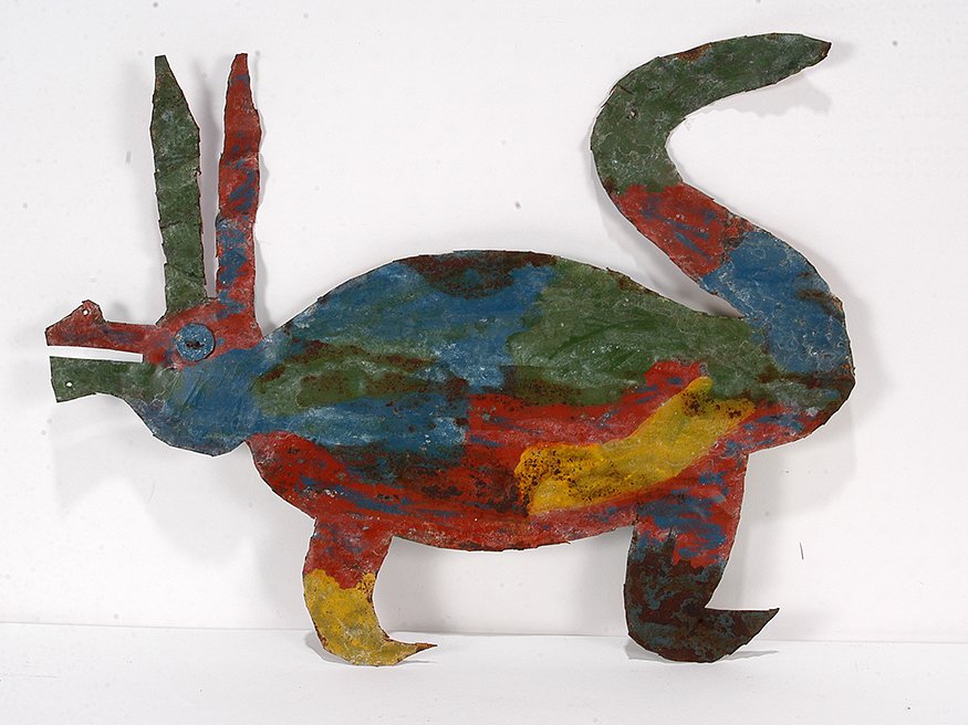 David Butler. Fantasy Creature.: David Butler. Fantasy Creature. Not signed. Paint on cut out metal. Lots of environmental wear and rust. Fair condition. 21w x 17". Est. $400-600. Ship: $45