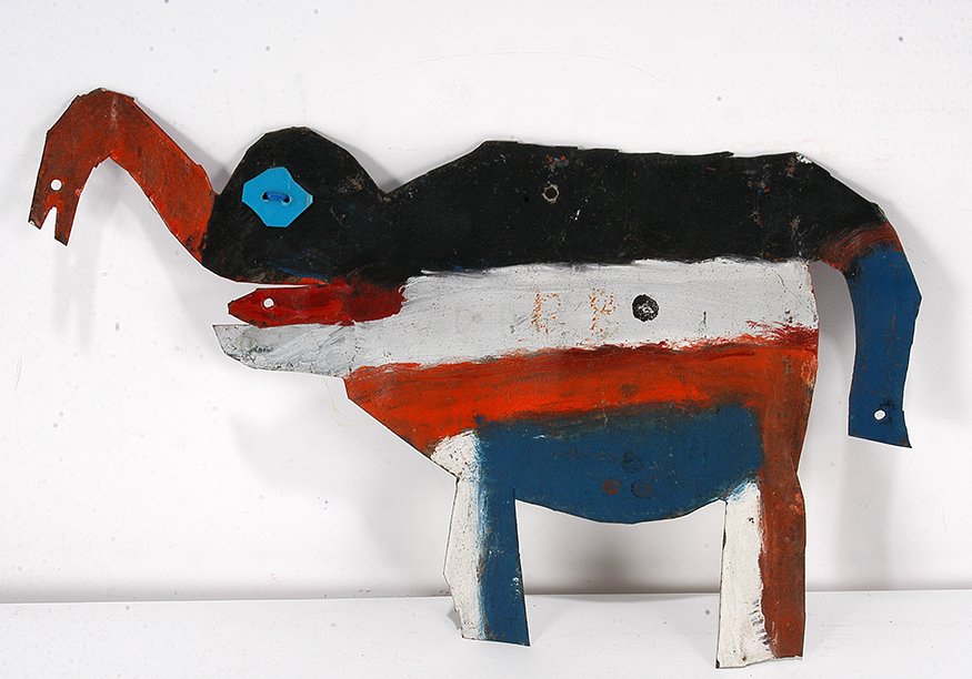 David Butler. Elephant.: David Butler. Elephant. Initialed. Cut out tin and paint. Decorated on both sides. Excellent condition. 12" w x 7". Est. $300-500. Ship: $25