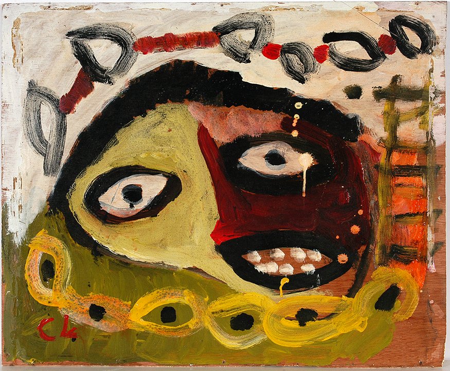 Charlie Lucas. Pain Is A Like A Chainsaw.: Charlie Lucas. Pain Is A Like A Chainsaw. Initialed and titled. Paint on found board. Great condition. 24w x 20". Est. $500-800. Ship: $45