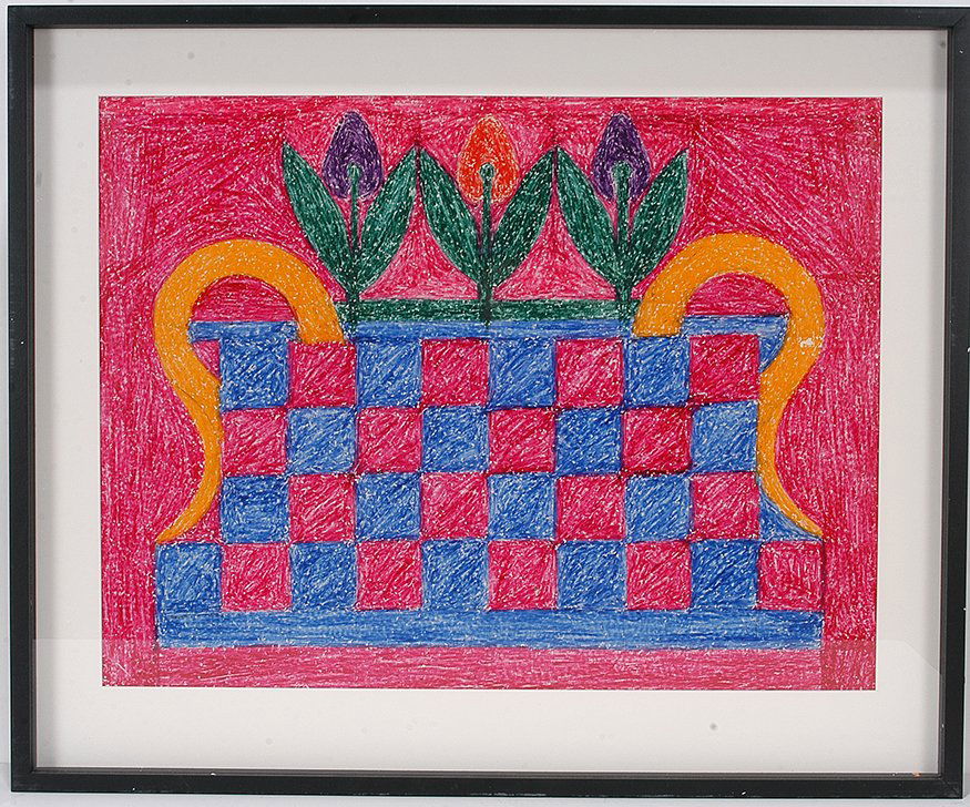 Eddie Arning. Woven Basket With Tulips.: Eddie Arning. Woven Basket With Tulips. Crayon on paper. Excellent condition. Image is 24" x 18". Frame is 29w x 24" h. Est. $1,000-1,500. Ship: $65