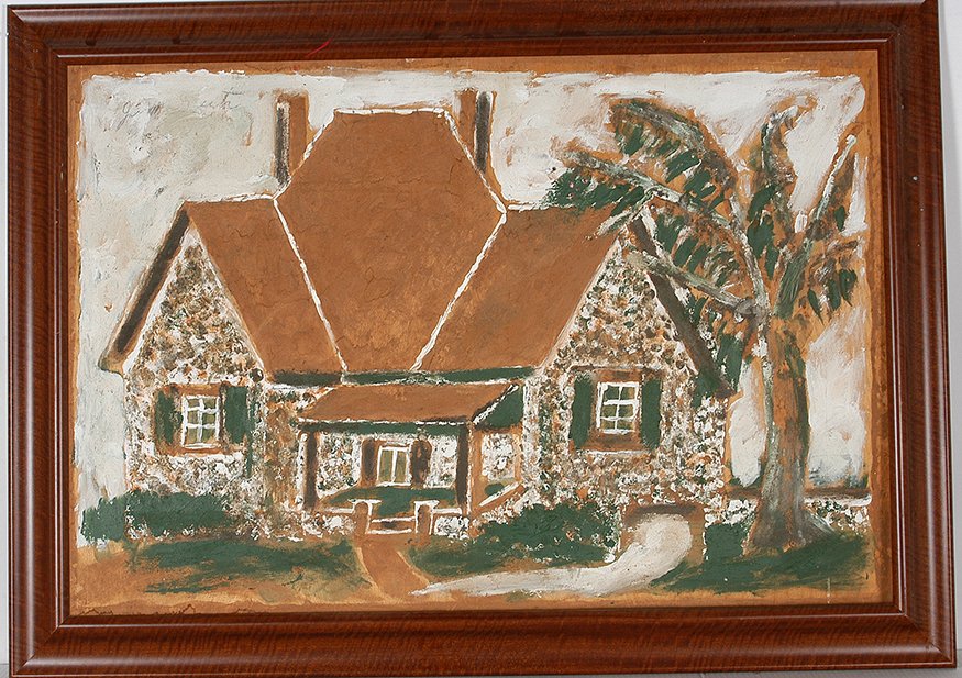 Jimmy Lee Sudduth. House With Green Yard.: Jimmy Lee Sudduth. House With Green Yard. Signed. Mud, paint and chalk on board. Excellent condition. Size with frame is 43" w x 31". Est. $500-800. Ship: $100
