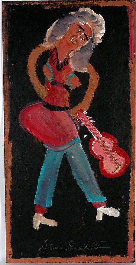Jimmy Lee Sudduth. Woman With Guitar.: Jimmy Lee Sudduth. Woman With Guitar. Signed. Not dated. Paint and mud on board. Excellent condition. 24" x 48". Est. $500-800. Ship: $150