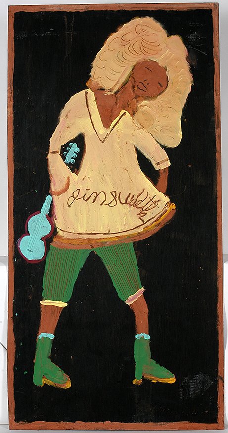 Jimmy Lee Sudduth. Girl With Guitar.: Jimmy Lee Sudduth. Girl With Guitar. Signed. Paint and mud on board. Great condition. 24w x 48". Est. $400-600. Ship: $100