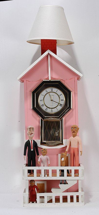 Sulton Rogers. 5 Figures Inside Clock House.: Sulton Rogers. Five Figures Inside Clock House With Lamp. Not signed. Carved and painted figures with wooden house and mixed media. Excellent condition. 58" x 19x 15". Est. $1,000-2,000. Buyer is resp
