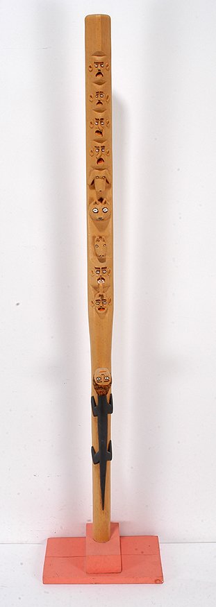 Sulton Rogers. 9 Head Totem Cane w Lizard.: Sulton Rogers. Nine Head Totem Cane With Lizard. Not signed. Carved wood with some paint. Excellent condition. Rare image. 49". Est. $1,000-2,000. Ship: $100