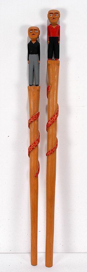 Sulton Rogers. Balding Men Canes w Red Snakes.: Sulton Rogers. Pair of Balding Men Canes With Red Snakes. Not signed or dated. Carved and painted wood. Excellent condition. Largest is 39". Est. $1,000-1,500. Ship: $55