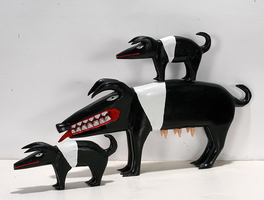 Minnie Adkins. Momma Pig With Babies.: Minnie Adkins. Momma Pig With Babies. 2004. Signed and dated. Carved and painted wood. Repair to tail, otherwise great condition. Momma pig is 14x 7". Est. $200-400. Ship: $55
