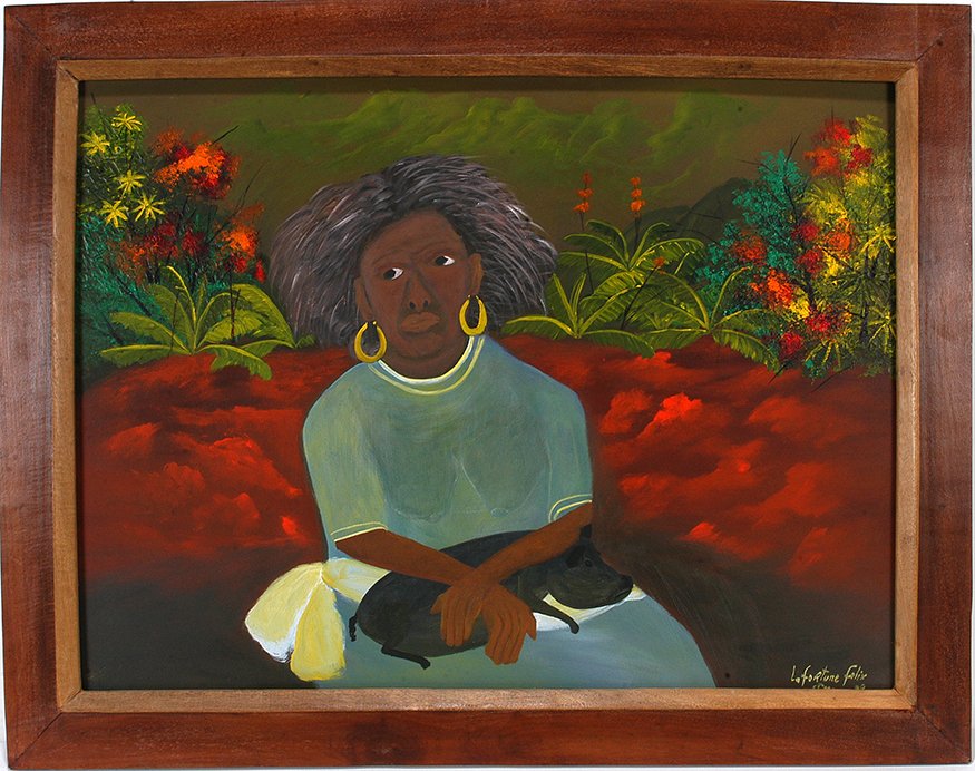 Lafortune Felix. Lady With Pig.: Lafortune Felix. Lady With Pig. 1989. Signed and dated. Paint and oil on masonite. Excellent condition. Size with frame is 37" w x 29". Est. $800-1,200. Ship: $85