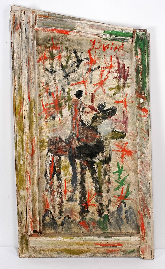 Purvis Young. Warrior On Horseback.: Purvis Young. Warrior On Horseback. Signed. Not dated, but early work. Paint on found board with constructed frame. Great condition. 24w x 47" Provenance: The Kurt Gitter Collection. Est. $2,000-3,000