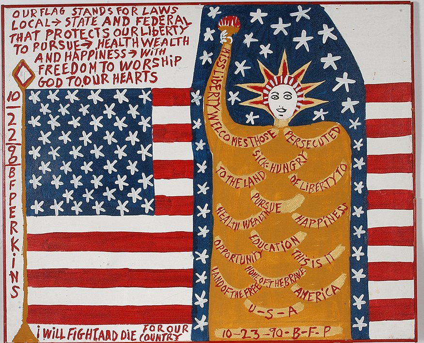 B.F. Perkins. Flag and Lady Liberty.: B.F. Perkins. Flag and Lady Liberty. 1990. Initialed and dated. Paint on canvas. 36" w x 27". Excellent condition. Est. $1,000-1,500. Ship: $75