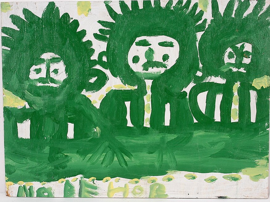Mary T. Smith. 3 Green Figures.: Mary T. Smith. Three Green Figures. Not signed. Paint on found board. 24w x 18". Est. $200-400. Ship: $45