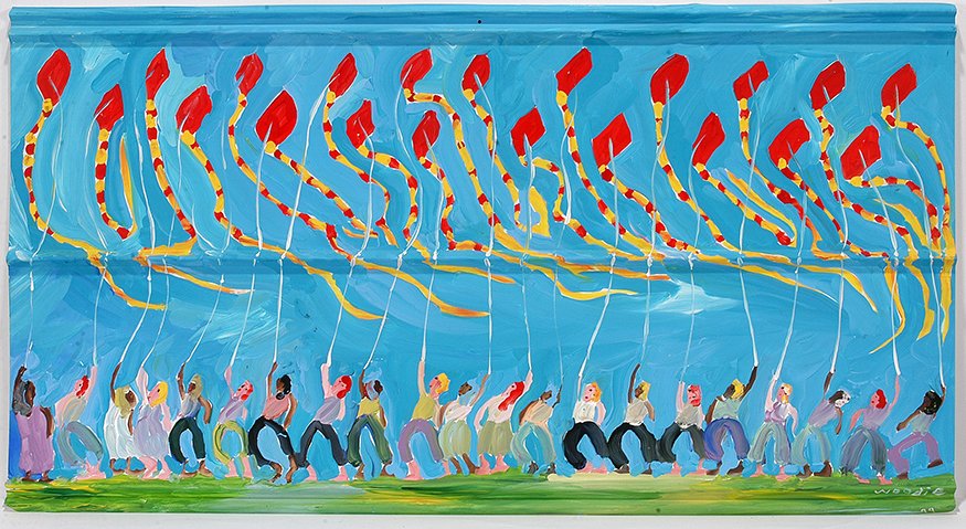Woodie Long. 21 Kids Flying Kites.: Woodie Long. Twenty One Kids Flying Kites. 1999. Signed, dated and titled. Housepaint on tin. Excellent condition. 48" w x 26". Est. $1,000-1,500. Ship: $100
