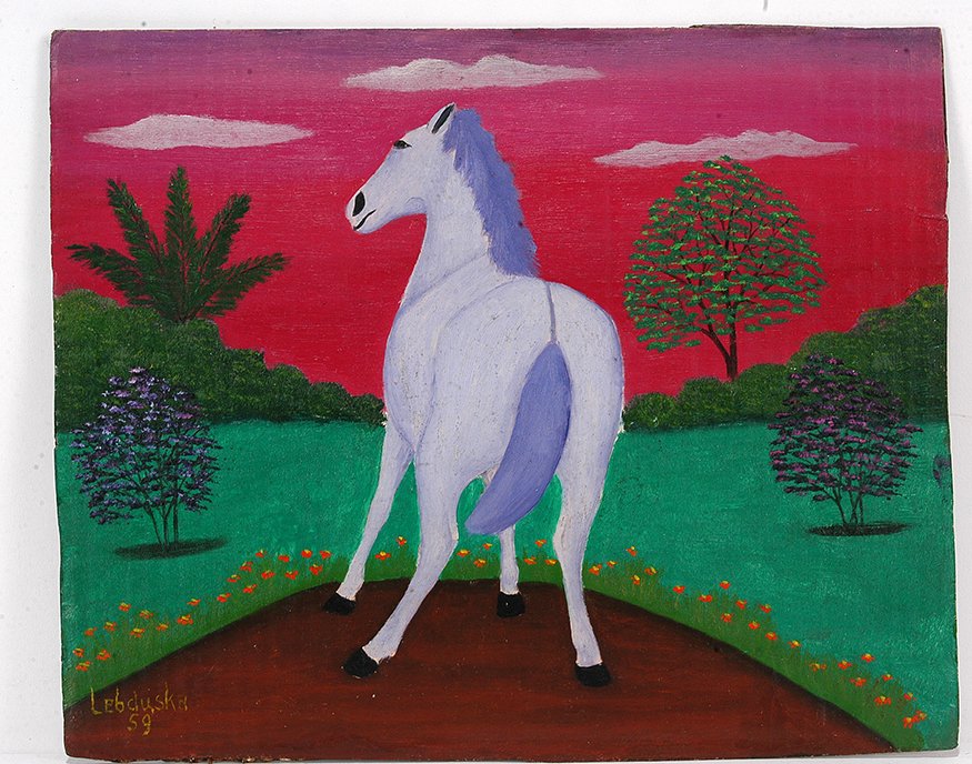 Lawrence Lebduska. White Horse.: Lawrence Lebduska. White Horse. 1959. Signed and dated. Oil on cardboard. Excellent condition. 12x 9.5". Est. $400-600. Ship: $35
