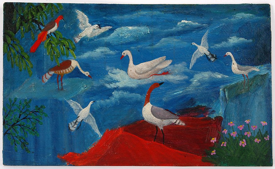 Lawrence Lebduska. Birds.: Lawrence Lebduska. Birds. Not signed or dated. On verso, Lawrence's son, John, signed on back for his father. Oil on cardboard. Excellent condition. 14x 8.5". Est. $400-600. Ship: $35