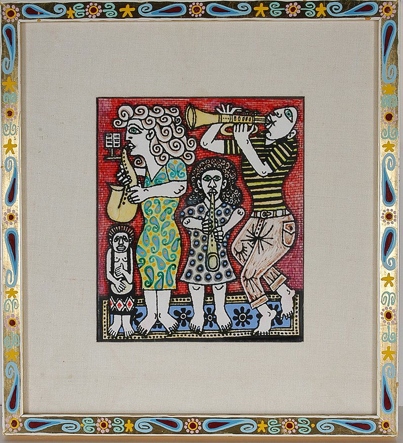 Rex Clawson. Trio Of Musicians.: Rex Clawson. Trio Of Musicians. Not able to see signature. Marker, paint and graphite on paper with artist decorated frame. Excellent condition. 14" w x 16" h. Est. $800-1,200. Ship: $35