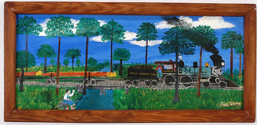 Frog Smith. Gray Lumber Co. Train.: Frog Smith. Gray Lumber Co. Train. Signed. Not dated. Paint on panel. Excellent condition. 26" w x 12". Est. $800-1,200. Ship: $45