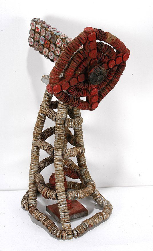 Clarence Woolsey. Bottlecap Windmill Sculpture.: Clarence Woolsey. Bottlecap Windmill Sculpture. Not signed. Bottle caps, paint, wood and wire. Some bend to form, otherwise good condition. 29" h. Est. $800-1,200. Ship: $75