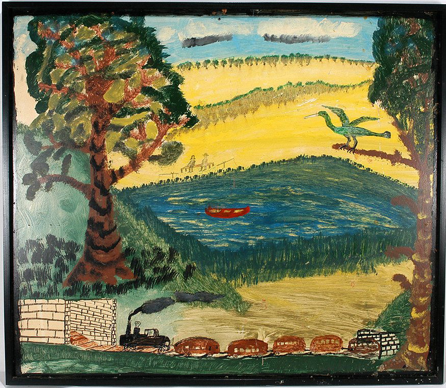 Charlie Kinney. Kentucky Landscape With Train.: Charlie Kinney. Kentucky Landscape With Train. 1970-71. Signed. Housepaint on masonite. Minor wear, otherwise excellent condition. Size with frame is 49" w x 42" h. Exhibited in Passionate Visions Of