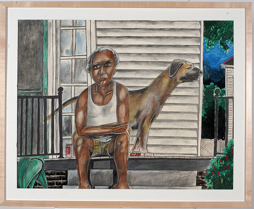 Roy Ferdinand. Man With Dog.: Roy Ferdinand. Man With Dog. 1990. Signed. Paint and colored pencil on poster. Image is 28" w x 22". Frame is 32" w x 26" h. Great condition. Est. $800-1,200. Ship: $65