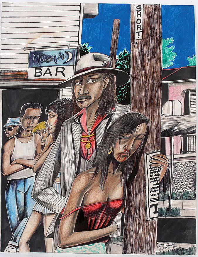 Roy Ferdinand. Moon's Bar.: Roy Ferdinand. Moon's Bar. 1991. Signed and dated. Colored pencil, ink and marker on poster. Slight water damage, otherwise good condition. 22x 28". Est. $400-600. Ship: $45