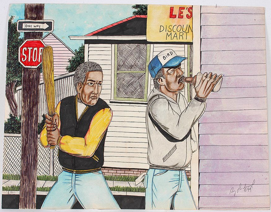 Roy Ferdinand. Knocked Out Loaded.: Roy Ferdinand. Knocked Out Loaded. 1999. Signed and dated. Colored pencil, ink and marker on poster. Excellent condition. 28" w x 22". Est. $800-1,200. Ship: $45