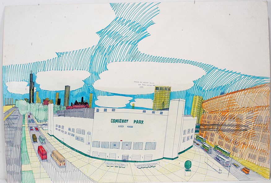 Wesley Willis. Comiskey Park.: Wesley Willis. Comiskey Park. 1991. Signed, dated and titled. Marker and ink on poster. Excellent condition. 41" w x 28". Est. $400-800. Ship: $65