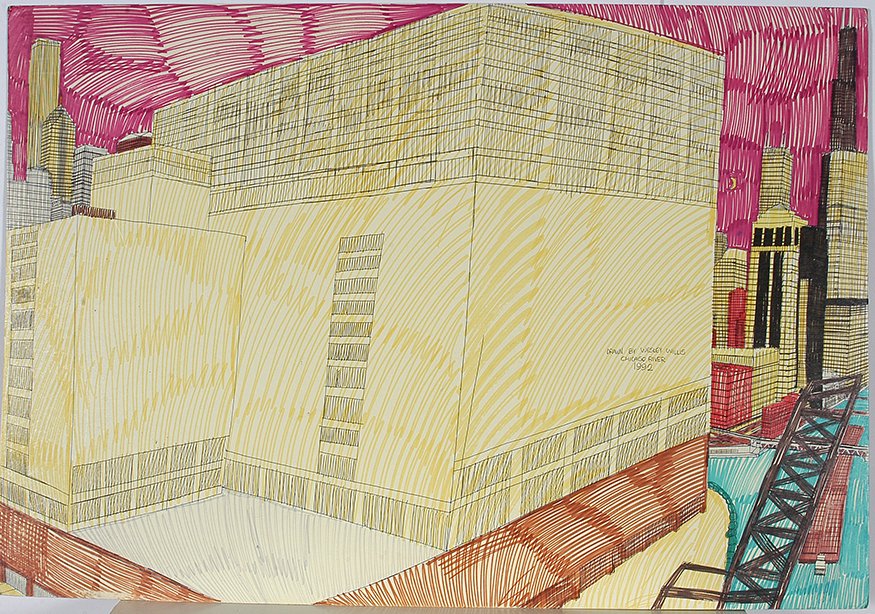 Wesley Willis. Chicago River.: Wesley Willis. Chicago River. 1992. Signed, dated and titled. Marker and ink on poster. Dog-earred corners, otherwise excellent condition. 41w x 28". Est. $200-400. Ship: $75