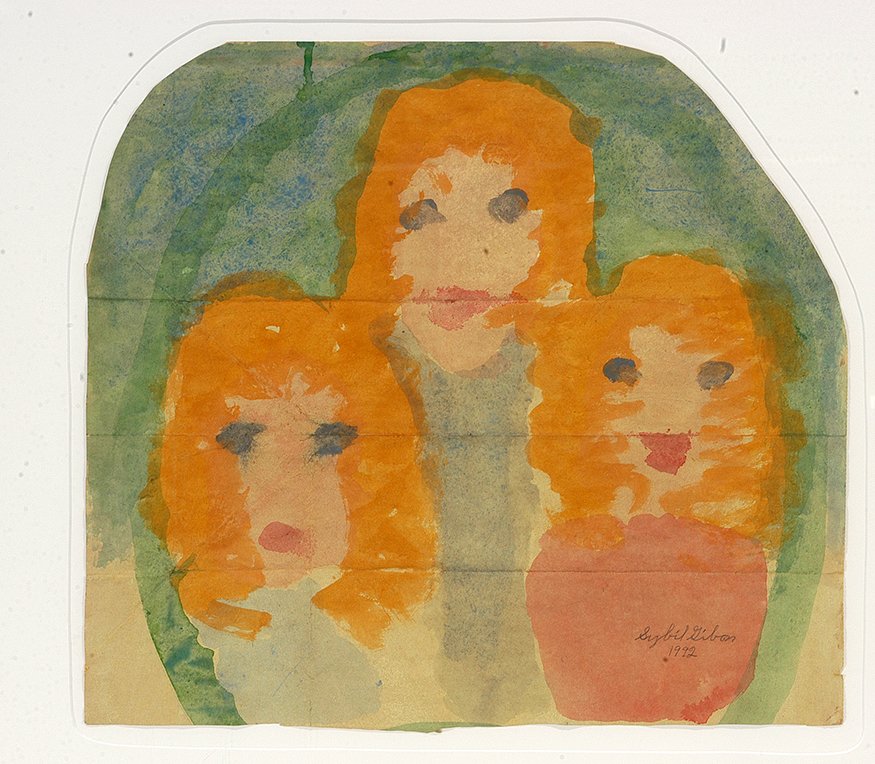 Sybil Gibson. Three Golden Hair Girls.: Sybil Gibson. Three Golden Hair Girls. 1992. Signed and dated. Watercolor on paper bag. Excellent condition. Image is 19" x 17" . Frame is 30" x 30". Est. $800-1,200. Ship: $75