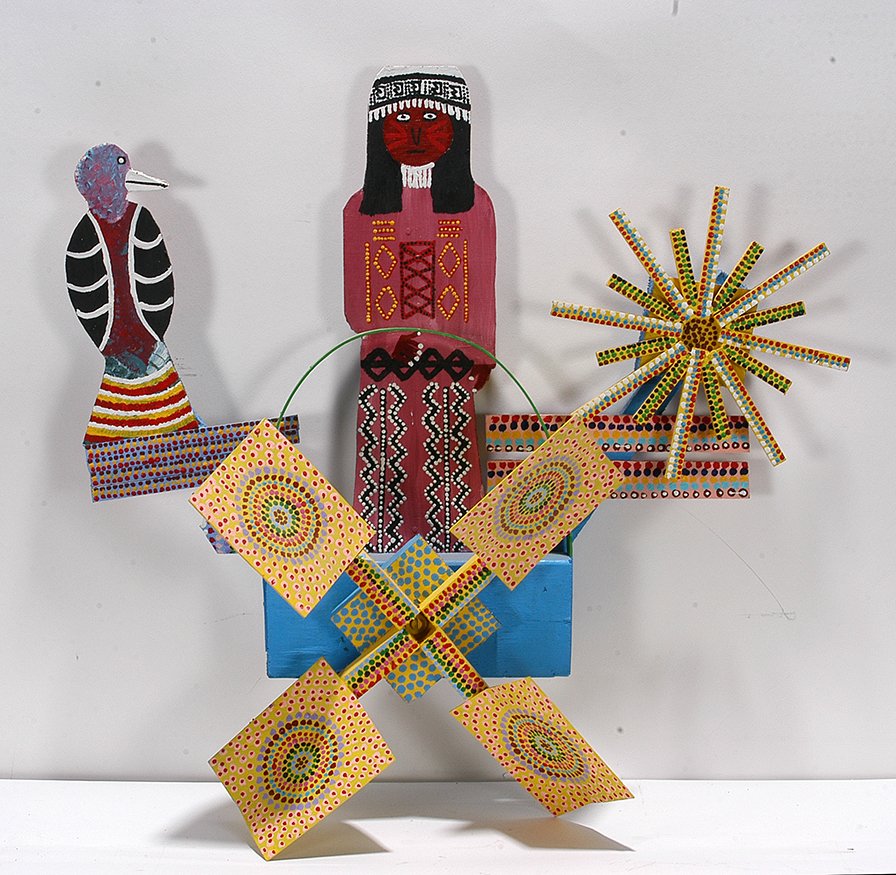 James Harold Jennings. Indians & Starburst Windmill.: James Harold Jennings. Indians And Starburst Windmill. Signed. Cut out wood with metal and paint. Great condition. 23" long x 24" x 6". Est. $200-400. Ship: $65