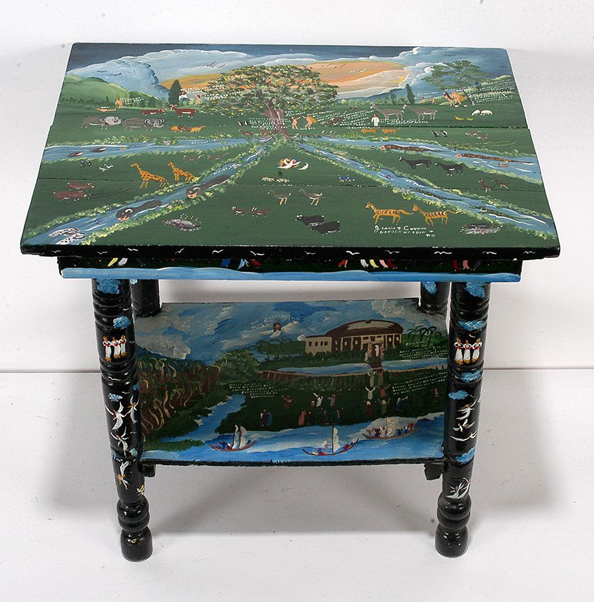 Jessie Cooper. Garden Of Eden Table.: Jessie Cooper. Garden Of Eden Table. 1991. Signed, dated and titled. Paint on found side table. Excellent condition. 19" x 20" x 16". Est. $300-500. Ship: $100