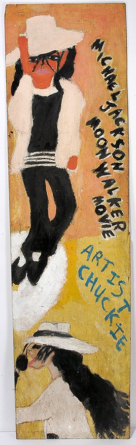 Artist Chuckie Williams. L.B. Sure & Michael: Artist Chuckie Williams. L.B. Sure and Michael Jackson. Signed and titled. Not dated. Double-sided. Paint on found board. Great condition. 20" x 73". Est. $400-800. Ship: $150