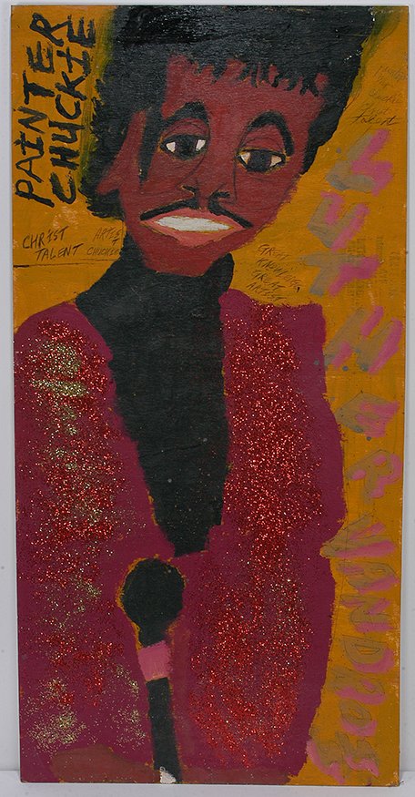 Artist Chuckie Williams. Luther Vandros & Baby Face.: Artist Chuckie Williams. Luther Vandros & Baby Face. Large double sided work. Signed and titled. Paint and glitter on found board. Excellent condition. 24x 48". Est. $800-1,200. Ship: $100