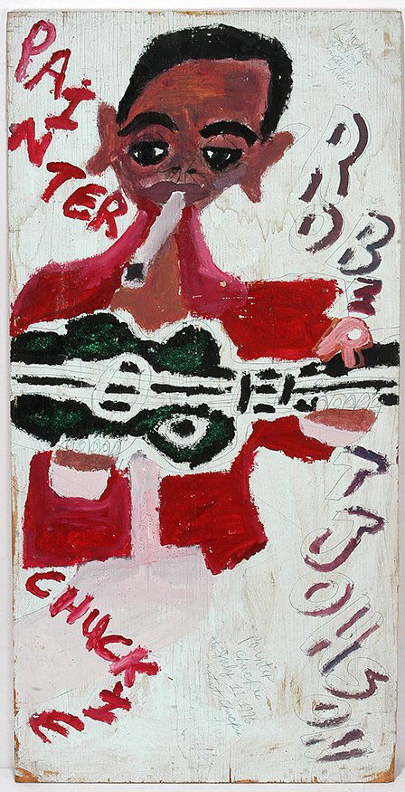 Artist Chuckie Williams. Robert Johnson.: Artist Chuckie Williams. Robert Johnson. 1996. Signed, dated and titled. Paint on found board. Great condition. 24w x 48". Est. $400-800. Ship: $85
