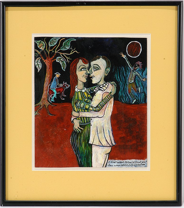 Jane In Vain Winkelman. I Didn't Want To Live: Jane In Vain Winkelman. I Didn't Want To Live Without You. 1997. Signed, dated and titled. Paint on paper. Excellent condition. Image is 11" x 13". Frame is 18" w x 20". Est. $600-900. Ship: $45