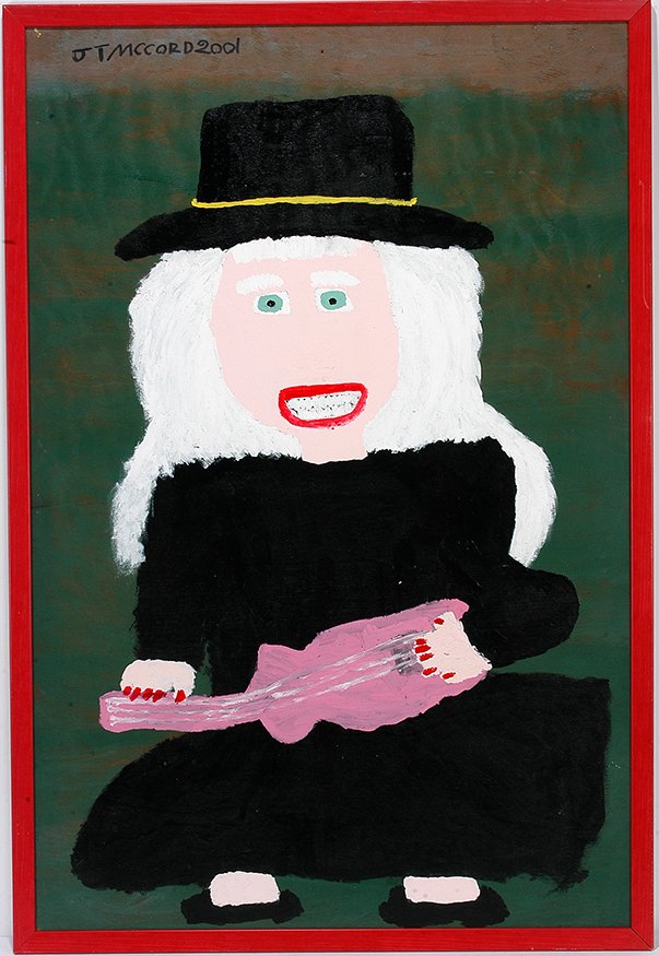 Jake McCord. Girl With Pink Guitar.: Jake McCord. Girl With Pink Guitar. 2001. Signed and dated. Paint on board. Excellent condition. 34" w x 50". Est. $400-800. Ship: $150