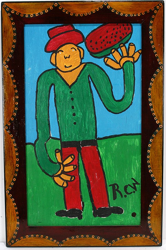 Ruby Williams. Watermelon Picker.: Ruby Williams. Watermelon Picker. 1998. Initialed. Paint on board. Excellent condition. Size with frame is 23" x 36". Exhibited at Anacostia Museum - Smithsonian Institution's, "On Their Own," 2004-05