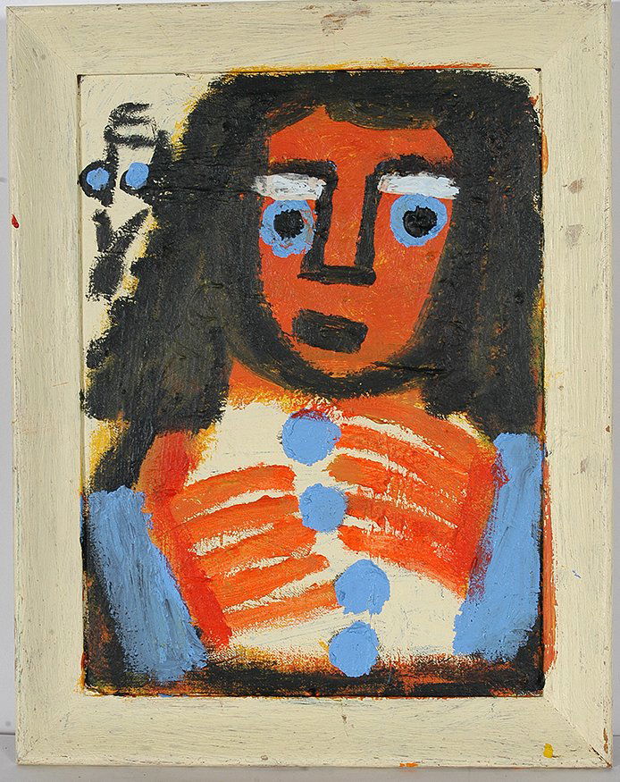 Eddy Mumma. Orange Face w Blue Buttons.: Eddy Mumma. Orange Face With Blue Buttons. Signed. Not dated. Oil on canvas panel. Excellent condition. 15" w x 19". Est. $300-500. Ship: $45
