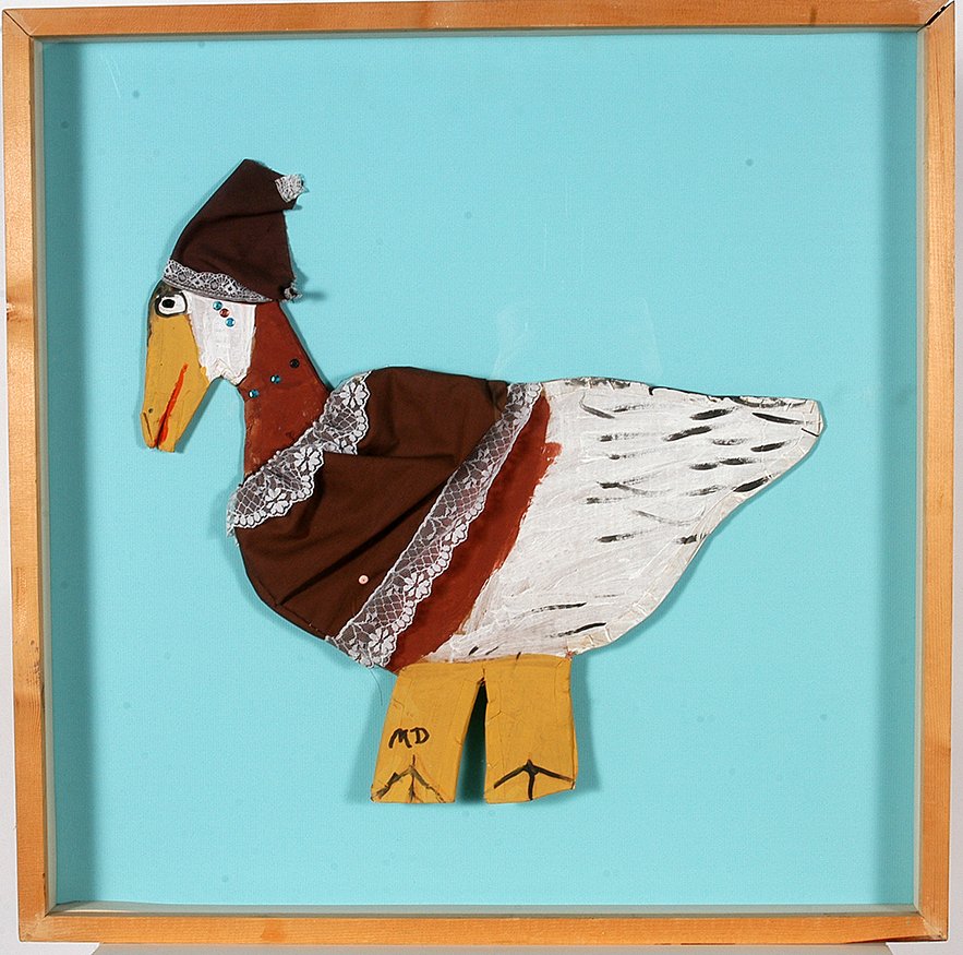 Mamie Deschillie. Mother Goose.: Mamie Deschillie. Mother Goose. Initialed. Paint, cloth, and mixed media on cardboard. Excellent condition. Size with box frame. 26”x 26”. Est. $200-300. Ship: $85