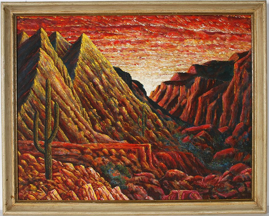 Martin Dean Coppinger. Sunset On High Desert.: Martin Dean Coppinger. Multi-Colored Sunset On The High Desert. Signed. Not dated. Oil on masonite. Great condition. Size with frame is 31” w x 25”h. Est. $800-1,200. Ship: $65