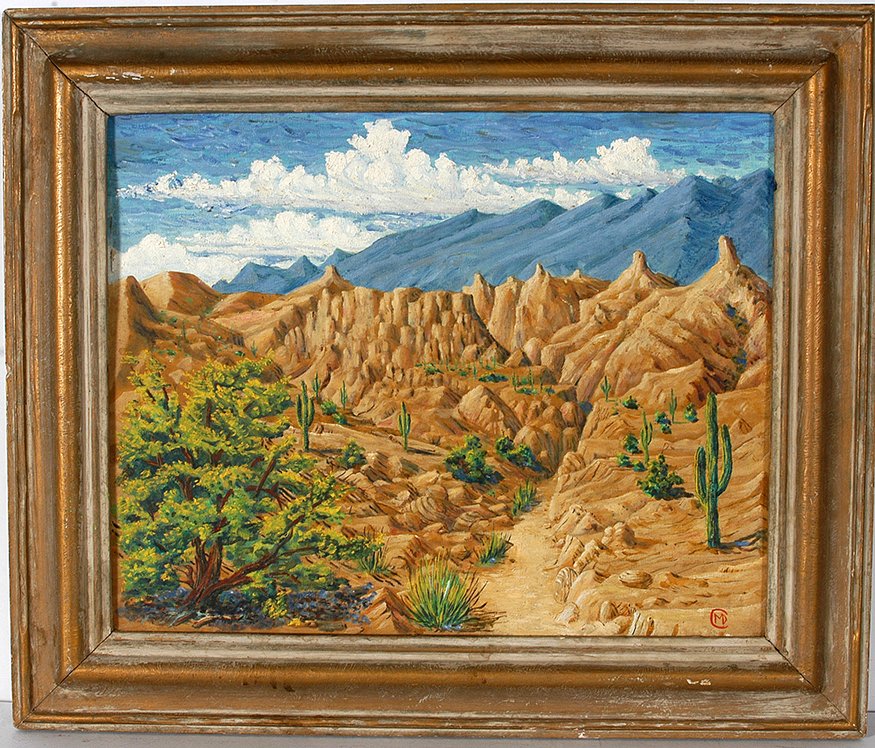 Martin Dean Coppinger. Desert To Mountain.: Martin Dean Coppinger. Desert To Mountain Landscape. Signed. Not dated. Oil on canvas panel. Great condition. Size with frame is 25” w x 21”h. Est. $400-600. Ship: $45
