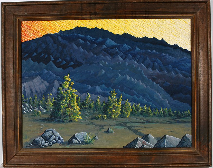 Martin Dean Coppinger. Blue Mountain Sunset: Martin Dean Coppinger. Blue Mountain Sunset. Signed. Not dated. Oil on canvas panel. Excellent condition. 28” w x 23”h with frame. Est. $300-500. Ship: $45