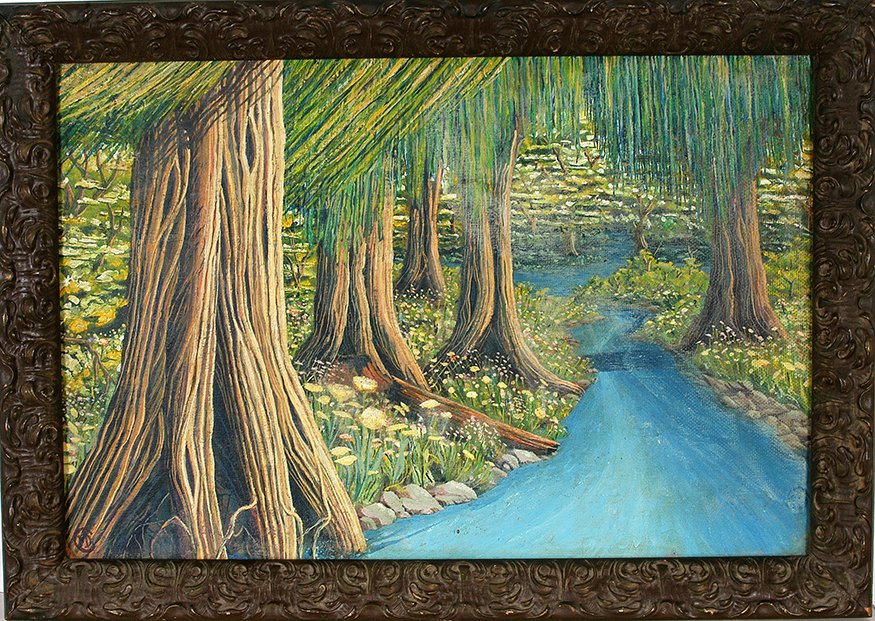 Martin Dean Coppinger. Cypress Swamp.: Martin Dean Coppinger. Cypress Swamp. Initialed. Not dated. Oil on masonite. Some paint rubs, otherwise good condition. 27” w x 19”with frame. Est. $200-400. Ship: $45
